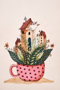www.liefdephotography.com Houses and plants inside of a polka dot coffee mug