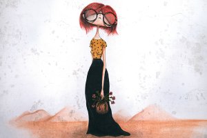 www.liefdephotography.com Girl with red hair and large glasses standing in a desert holding a basket of flowers