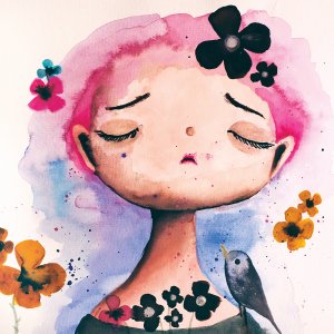 www.liefdephotography.com Girl with pink hair surrounded by flowers and a bird