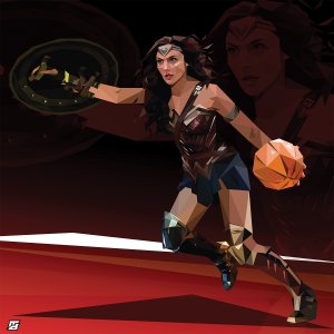 Wonder Woman in running stance while holding a basketball