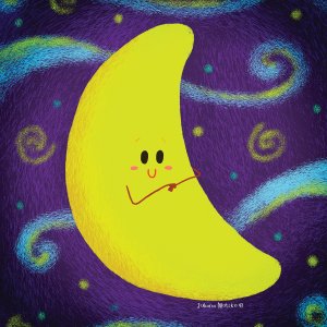 Yellow crescent moon with smiling face in front of swirly background