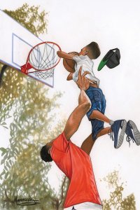 Man lifting child up to shoot a basketball through a hoop