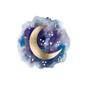 Gold crescent moon surrounded by blue and purple watercolors