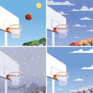 Four scenes showcasing a basketball hoop in summer, fall, winter, and spring