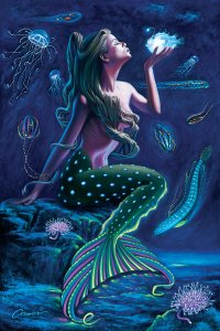 Mermaid holding glowing fish sitting underwater with other fish