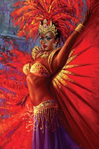 Woman with red feathered headdress, gold crown, gold bra, and purple skirt