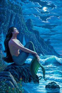 Woman sitting on a rock with mermaid tail in front of ocean waves under a moonlit sky