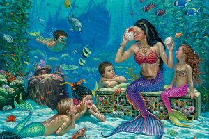 Mermaid listening to a seashell underwater with young mermaids and fish surrounding her