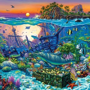 Coral reef underwater with treasure chest of gold coins, a dolphin, and an assortment of fish