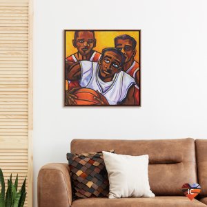 Three Black men wearing basketball jerseys with one man holding a basketball