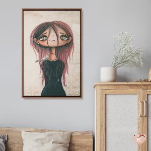 room-shot-FMM2 Girl with pink hair and large green eyes with bird on her shoulder