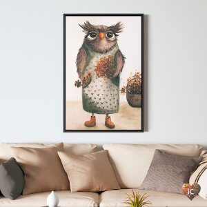 room-shot-FMM41 Owl standing up wearing dress and holding flowers