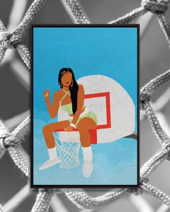 Faceless woman sitting on top of basketball hoop