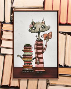 wbc-lifestyle-FMM36 Cat standing up wearing a dress and reading a book with stack of books next to it