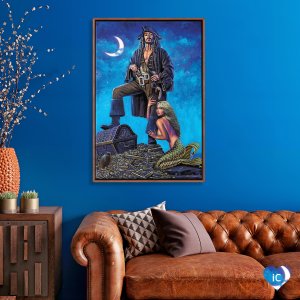 Pirate standing on top of treasure chest and pile of gold with a mermaid hugging his leg