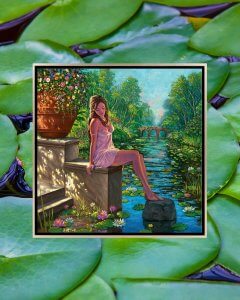 Woman sitting near pond full of lily pads surrounded by trees and flowers