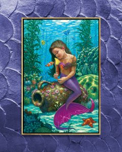 Young mermaid holding flower underwater surrounded by fish
