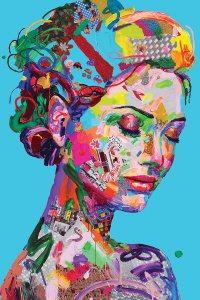 Portrait of a woman with a colorful collage on her face and hair