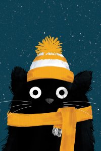 A black cat wearing a yellow winter hat and scarf with a snowy sky background