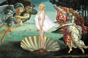 Marilyn Monroe standing on a large seashell in the water surrounded by Greek figures