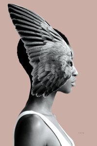 The side profile of a person with a large bird feather on their face