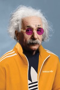 Albert Einstein wearing pink sunglasses and a yellow Adidas jacket