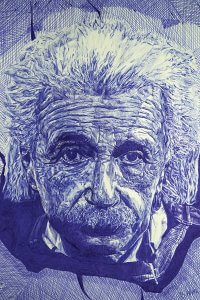 A detailed ballpoint pen portrait of Albert Einstein