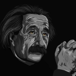 A black and white portrait of Albert Einstein with golden eyes
