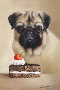 A pug sitting by a piece of cake with whipped cream and a cherry on top