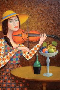 Woman wearing a large brim hat and patterned dress playing the violin at a table with wine and fruit