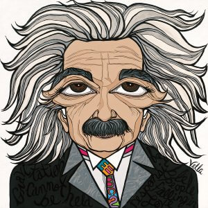 A portrait of Albert Einstein with big eyes and a colorful tie