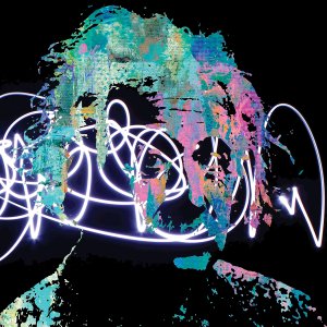 A colorful portrait of Albert Einstein with illuminated white swirls through his face on a black background