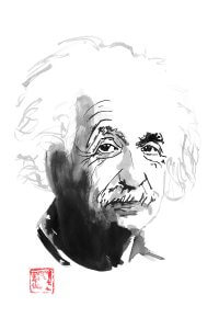 A black and white illustration of Albert Einstein