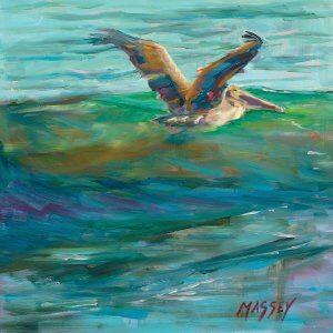 Ocean waves with a pelican flying above