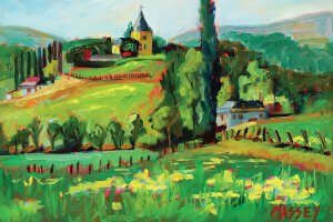 Countryside hills with houses and greenery