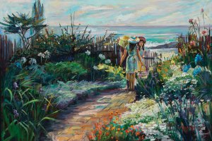 Three ladies standing in the middle of a garden with the ocean in the background