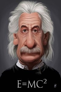 A caricature portrait of Albert Einstein with his equation E=MC2