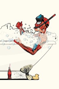 Spiderman lying in a bubble bath with a snorkel on