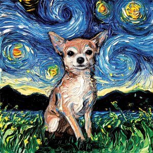 Chihuahua sitting in the grass in front of a swirly nighttime sky