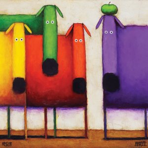 A yellow, green, orange, and purple misshapen group of dogs