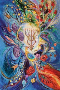 A swirling pattern of flowers, leaves, and fish with a menorah in the center