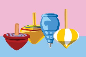 Red, yellow, and blue dreidels in front of a light pink and blue background