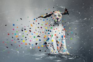 A Dalmatian surrounded by splatter painted colors
