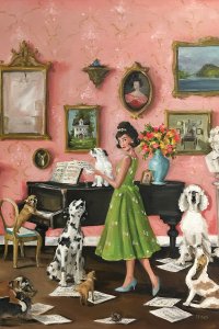 A woman in green dress near a piano surrounded by a group of dogs, music sheets, and framed photos on the wall