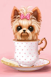 Yorkie with a pink bow sitting inside a polka dot teacup with a pink background