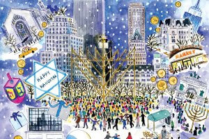 A giant menorah in the middle of New York City with a crowd of people surrounded by buildings and Hanukkah symbols