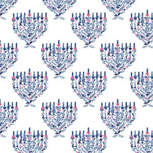 A patterned background of blue and pink menorahs made of botanicals