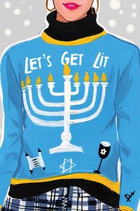 A woman wearing a blue sweater with a menorah design, the words "Let's Get Lit", a torah scroll, a wine glass, and the Star of David