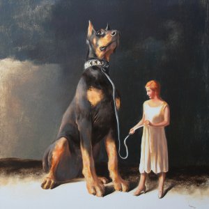 A woman in a dress holding an oversized doberman pinscher on a leash
