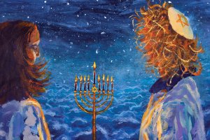 A girl standing next to a boy wearing a yarmulke staring at a menroah with a blue splattered background